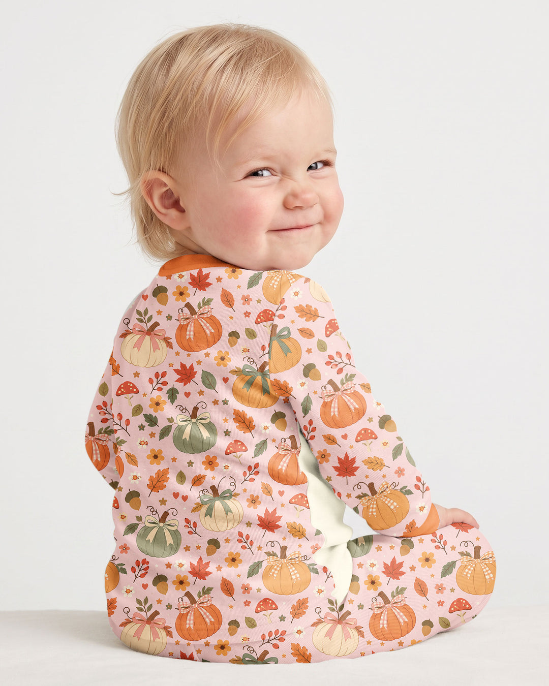 Pastel Pumpkin Bow Fall Bamboo Two Piece Long Sleeve Pajama Set