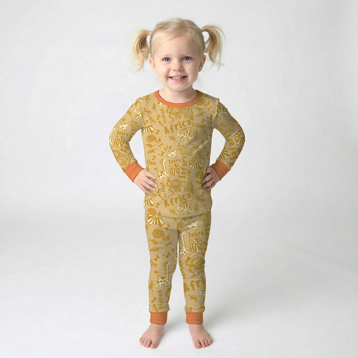 Handdrawn African Animals Bamboo Two Piece Long Sleeve Pajama Set