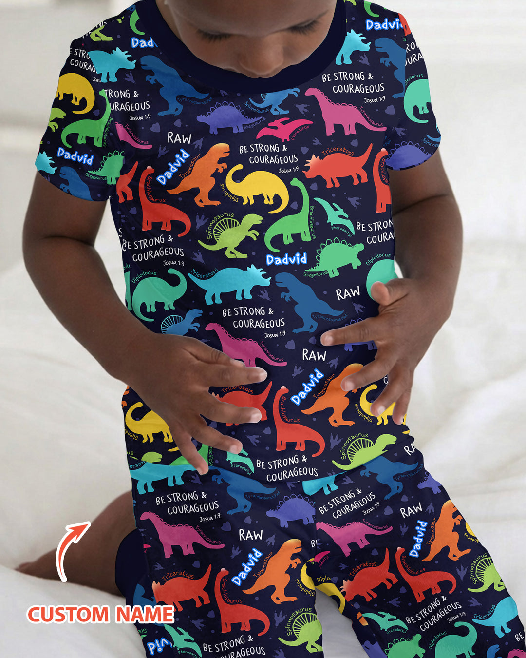 Be Strong and Courageous Dinosaur Christian Bamboo Two Piece Short Sleeve Pajama Set