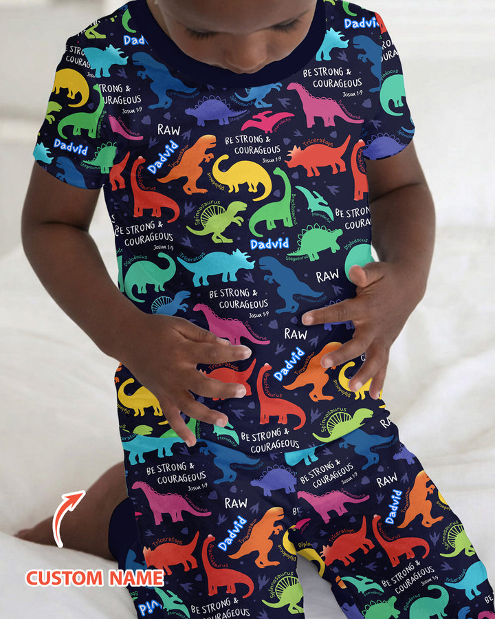 Be Strong and Courageous Dinosaur Christian Bamboo Two Piece Short Sleeve Pajama Set
