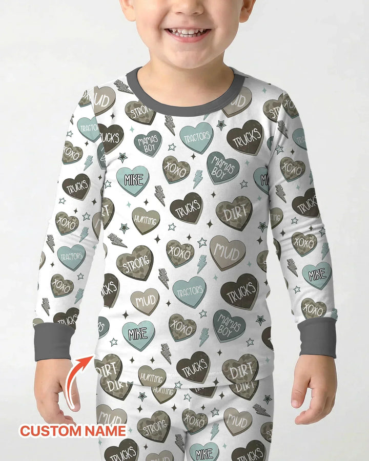 Personalized Camo Candy Hearts Bamboo Two Piece Long Sleeve Pajama Set