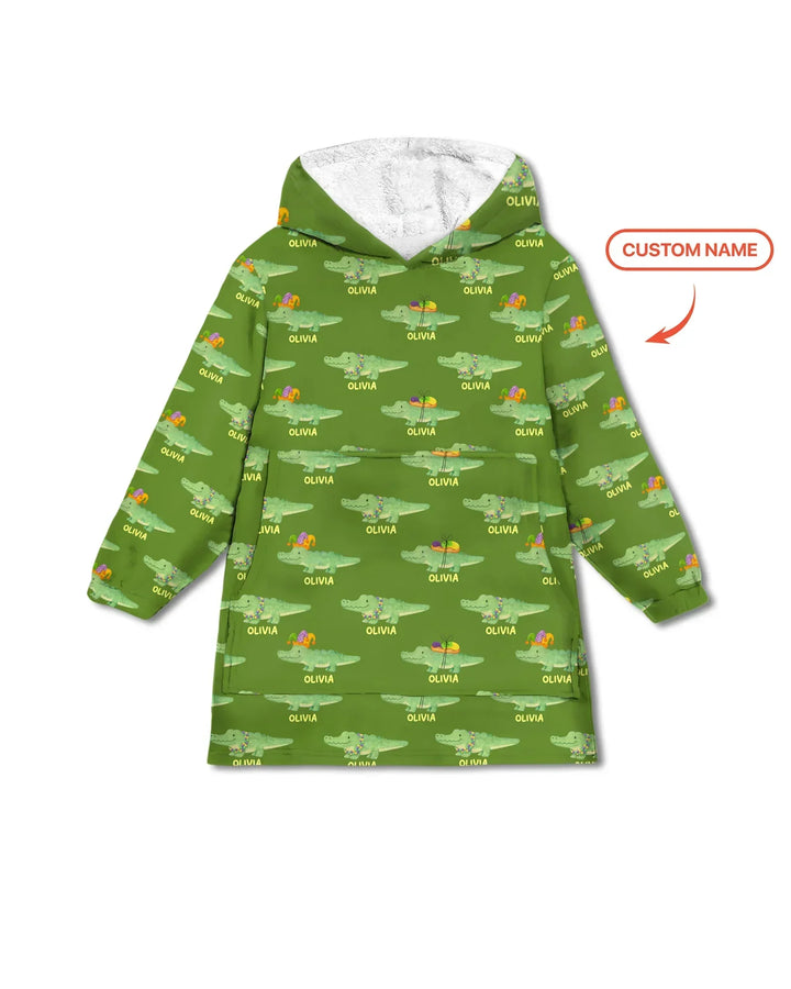 Custom Name Mardi Gras Gator Bamboo Blanket Hoodie