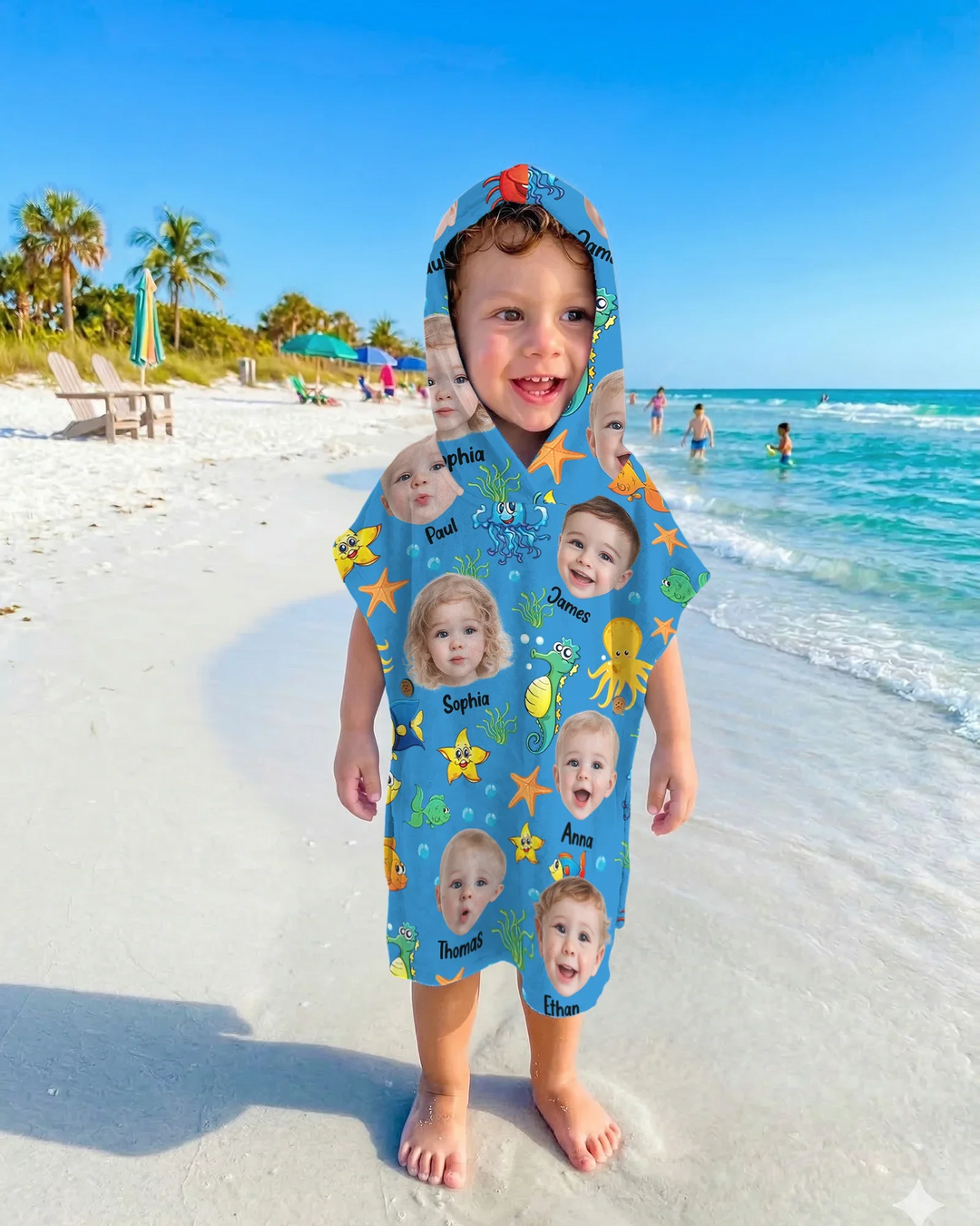 Custom Photo Cute Kid Face Watercolor Sea Creatures Summery Bamboo Swim Poncho