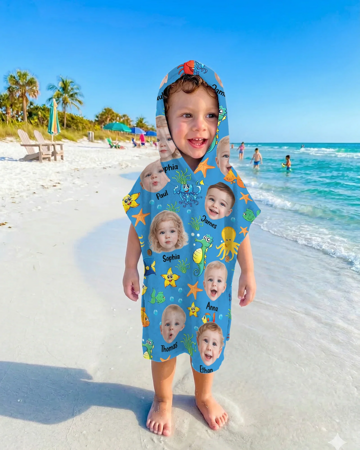 Custom Photo Cute Kid Face Watercolor Sea Creatures Summery Bamboo Swim Poncho