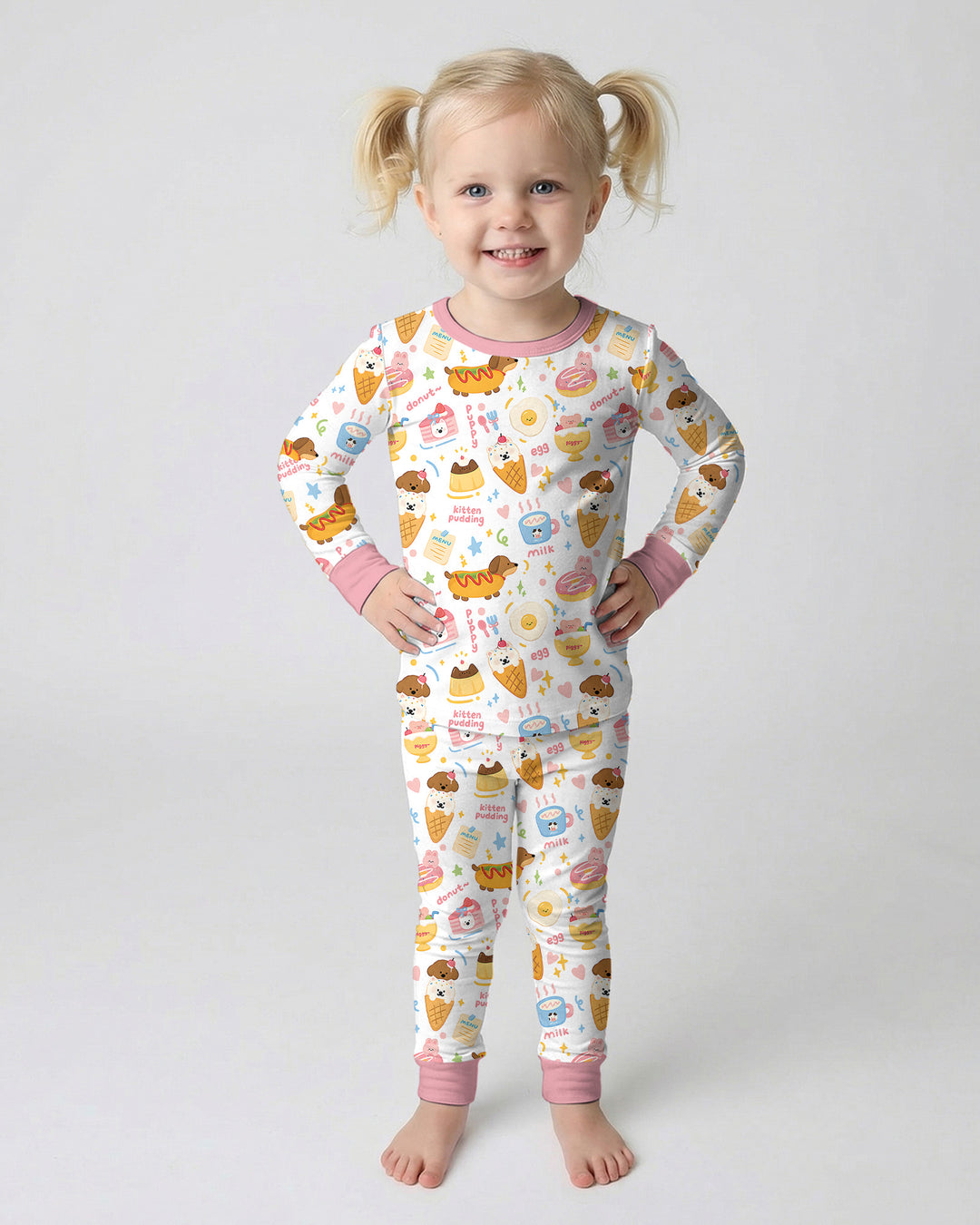 Cute Snack And Puppy Bamboo Two Piece Long Sleeve Pajama Set