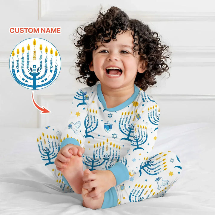 Hanukkah Custom Name Bamboo Two Piece Long Sleeve Pajama Set