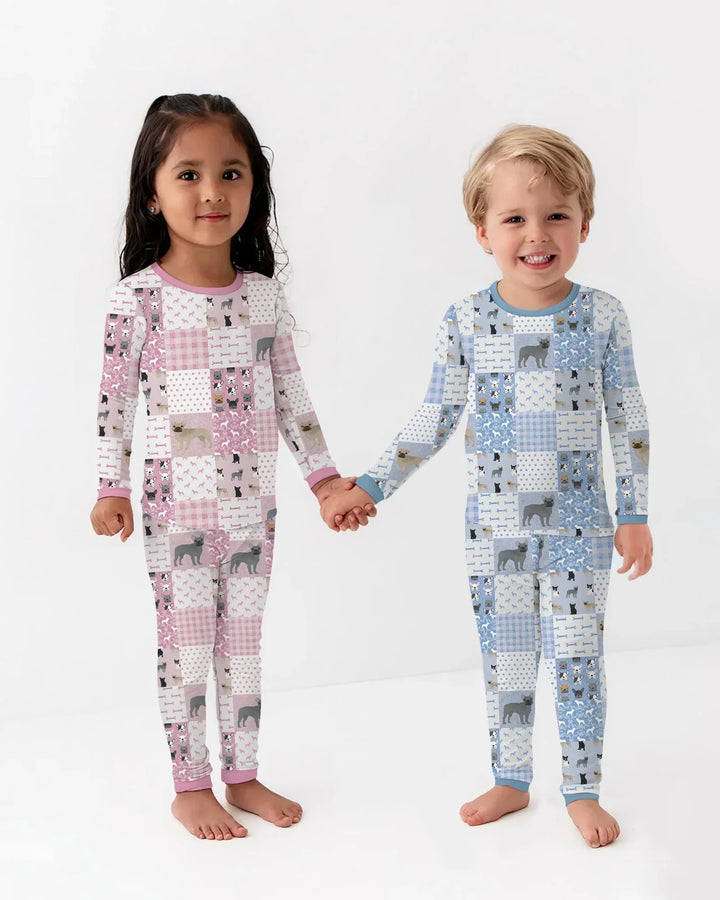 Frenchies Patchwork Family Matching Bamboo Two Piece Long Sleeve Pajama Set