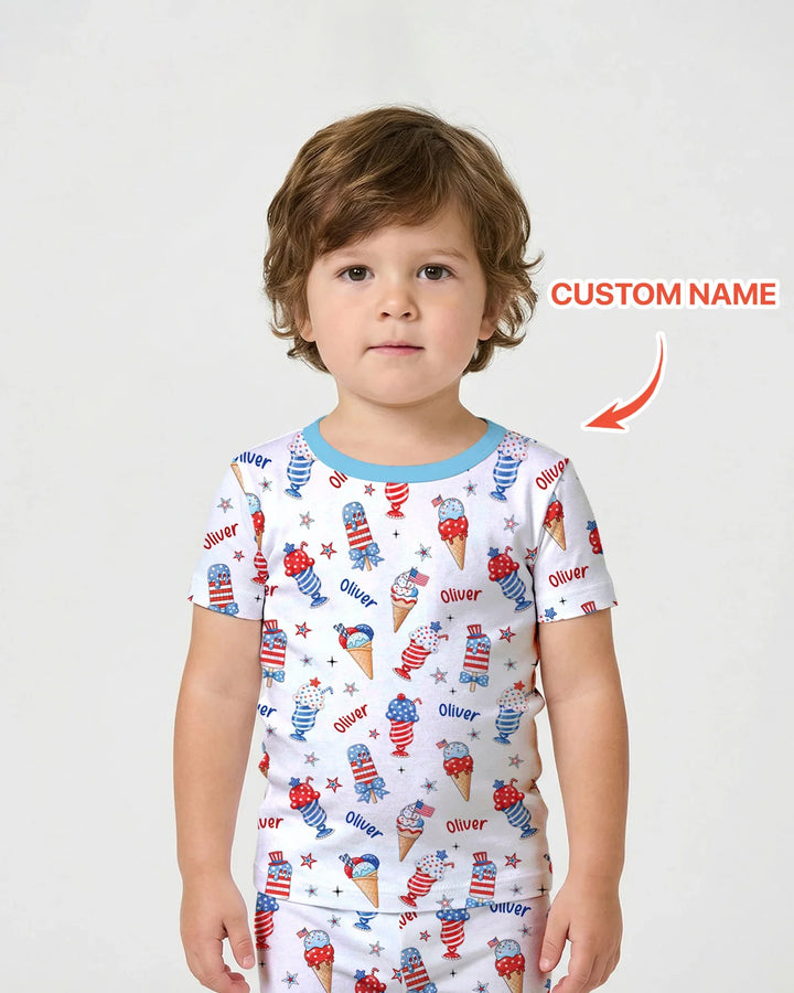 Custom Name Red, White & Ice Cream Bamboo Two Piece Short Sleeve Shorts Pajama Set