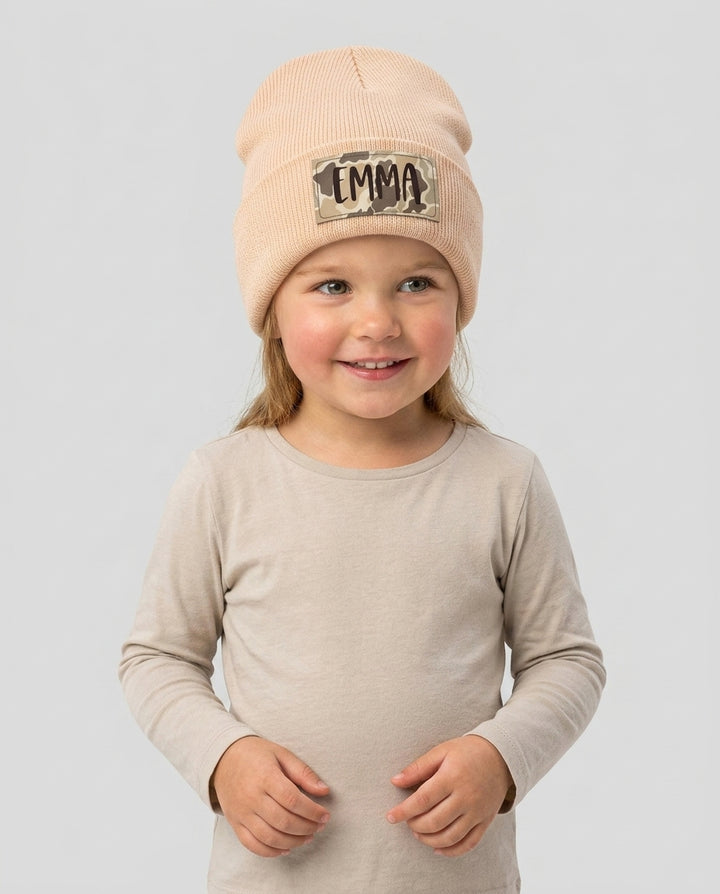 Custom Name Camo Leather Patch Beanie