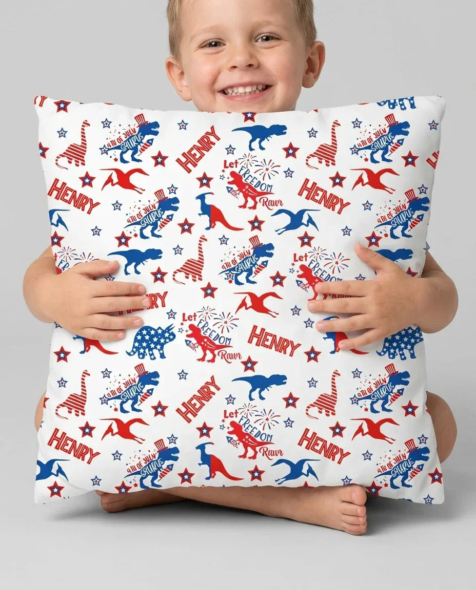 Custom Name Patriotic Dinosaur Bamboo Pillow Case