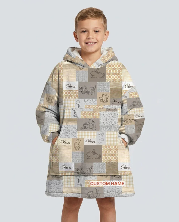 Personalized Classic Bear Patchwork  Bamboo Blanket Hoodie