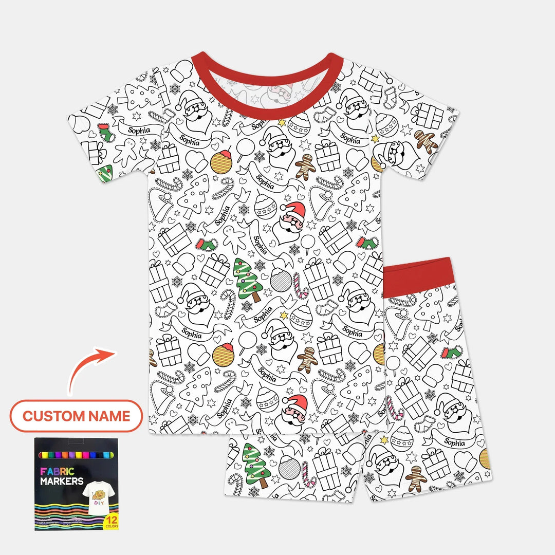 Joyful Doodle Christmas Colorable Bamboo Two Piece Short Sleeve Shorts Pajama Set
