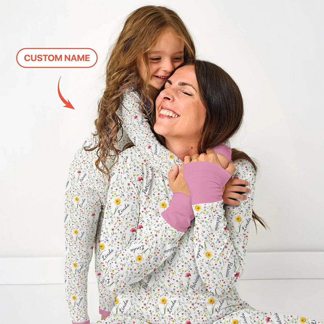 Birth Flower Custom Name Family Daughter Sister Bamboo Two Piece Long Sleeve Pajama Set