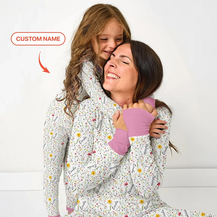 Birth Flower Custom Name Family Daughter Sister Bamboo Women Pajama Set
