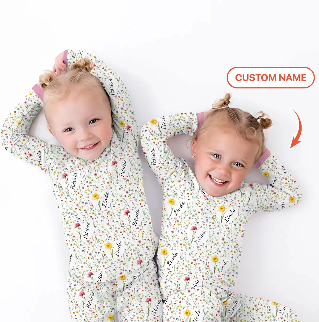 Birth Flower Custom Name Family Daughter Sister Bamboo Two Piece Long Sleeve Pajama Set