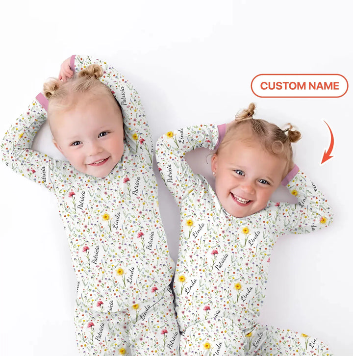 Birth Flower Custom Name Family Daughter Sister Bamboo Two Piece Long Sleeve Pajama Set