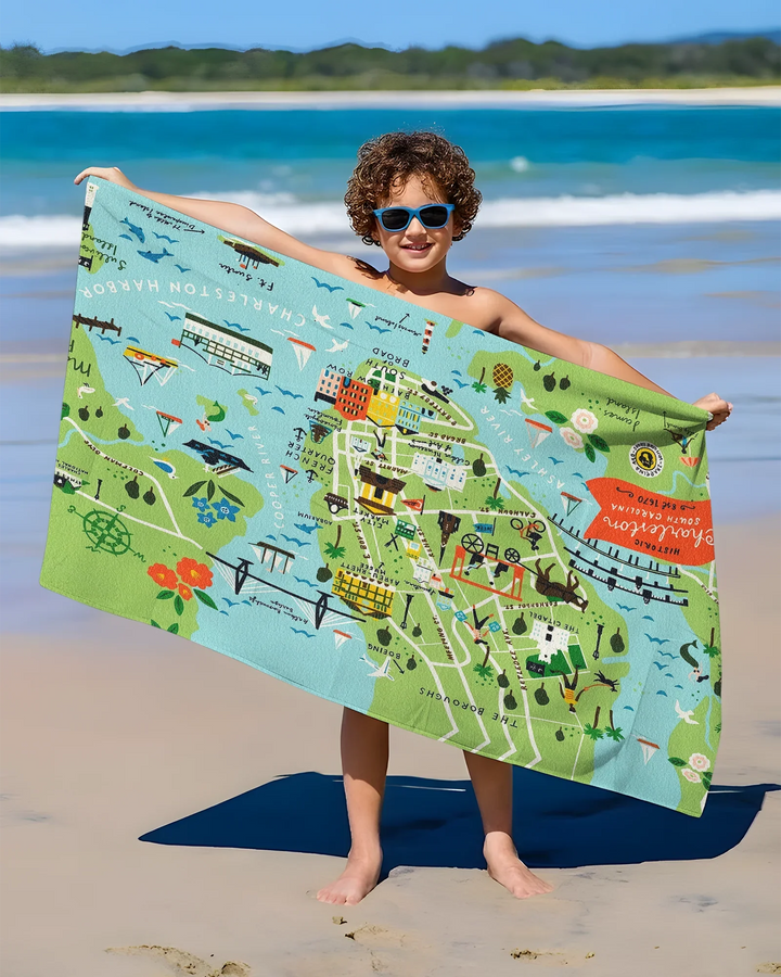 Charleston Coastal Charm Map Bamboo Beach Towel