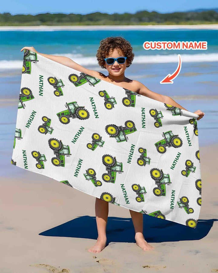Custom Name Green Tractors Matching Daddy & Me  Beach Towel