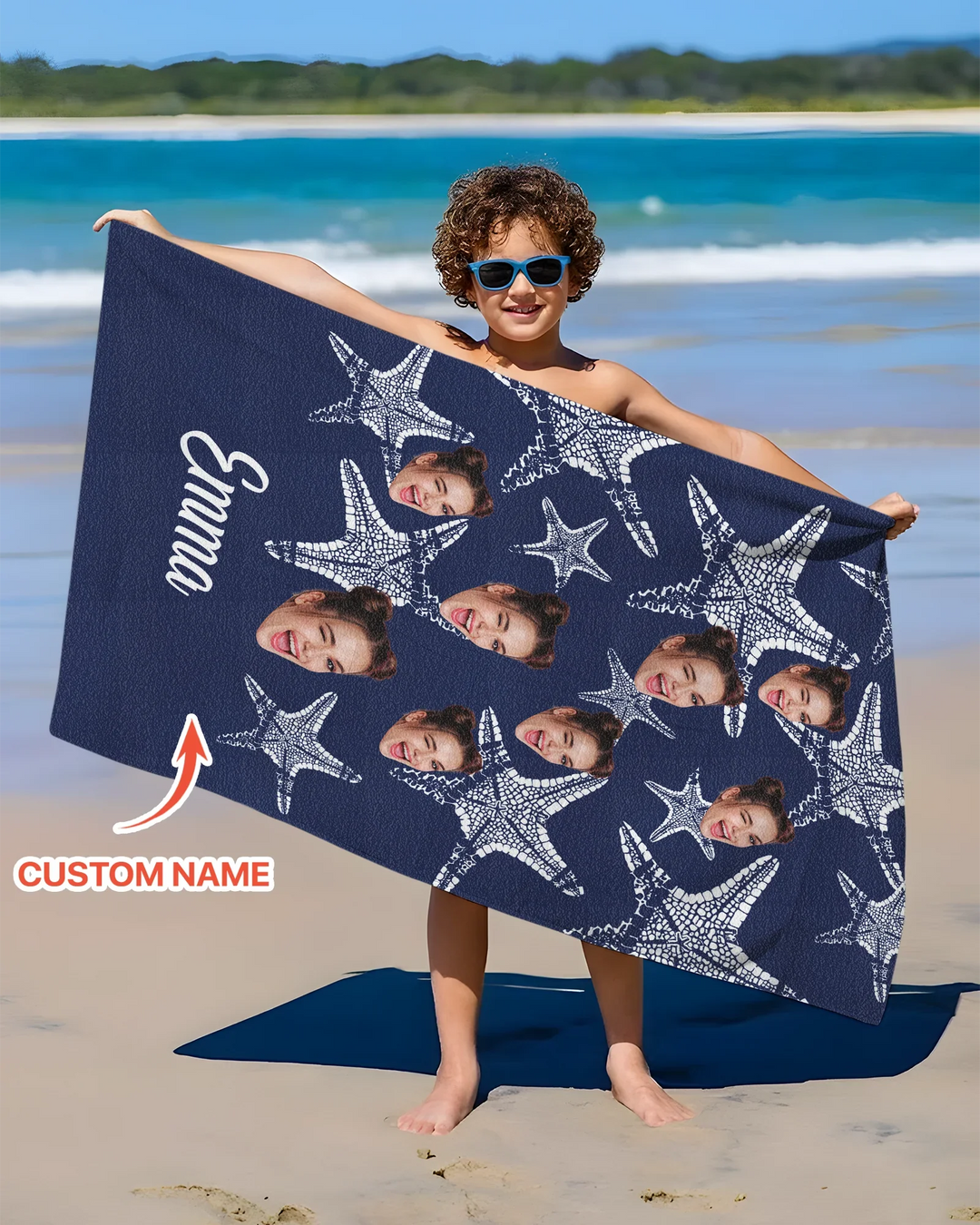 Custom Photo Starfish With Names Bamboo Beach Towel