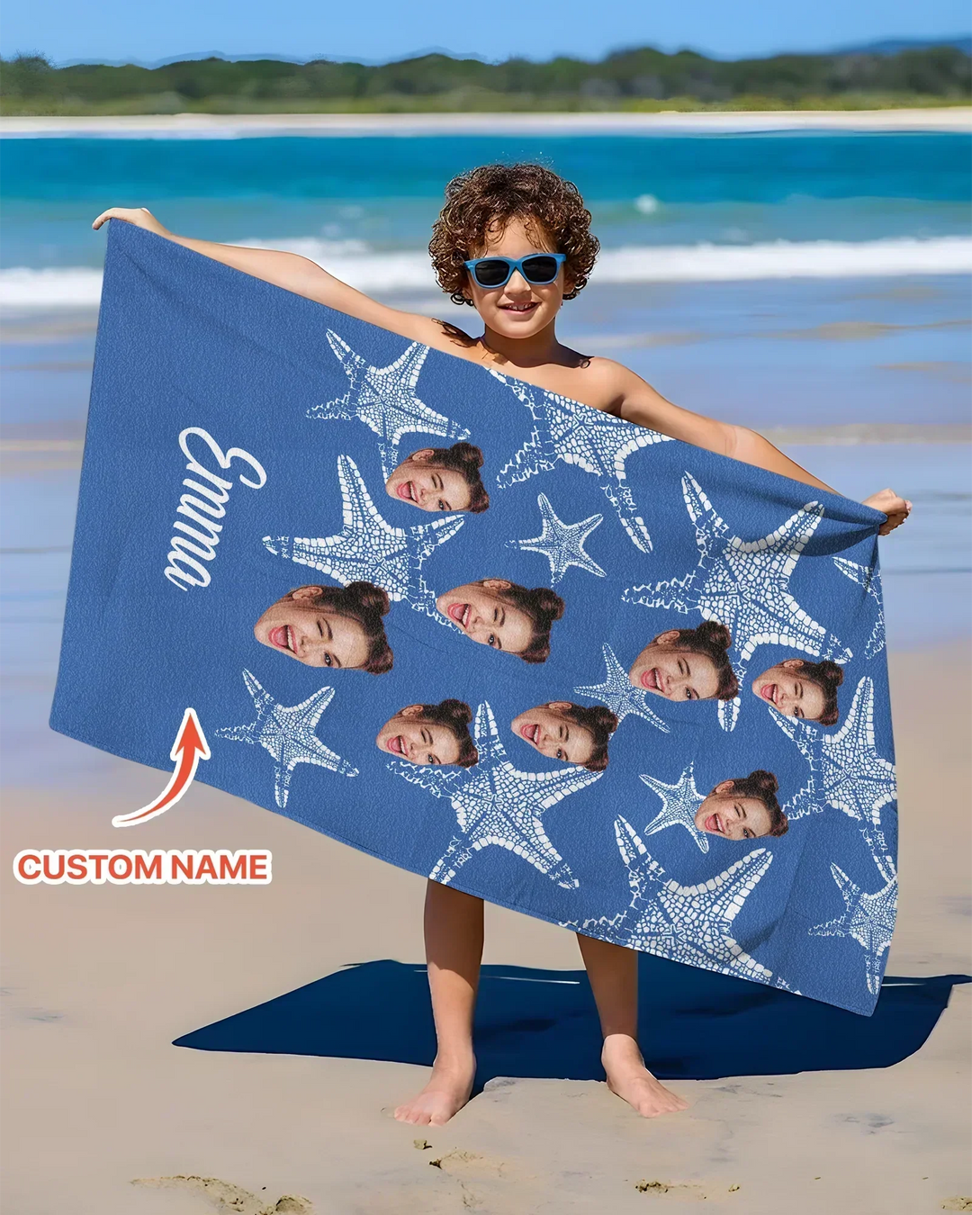 Custom Photo Starfish With Names Bamboo Beach Towel
