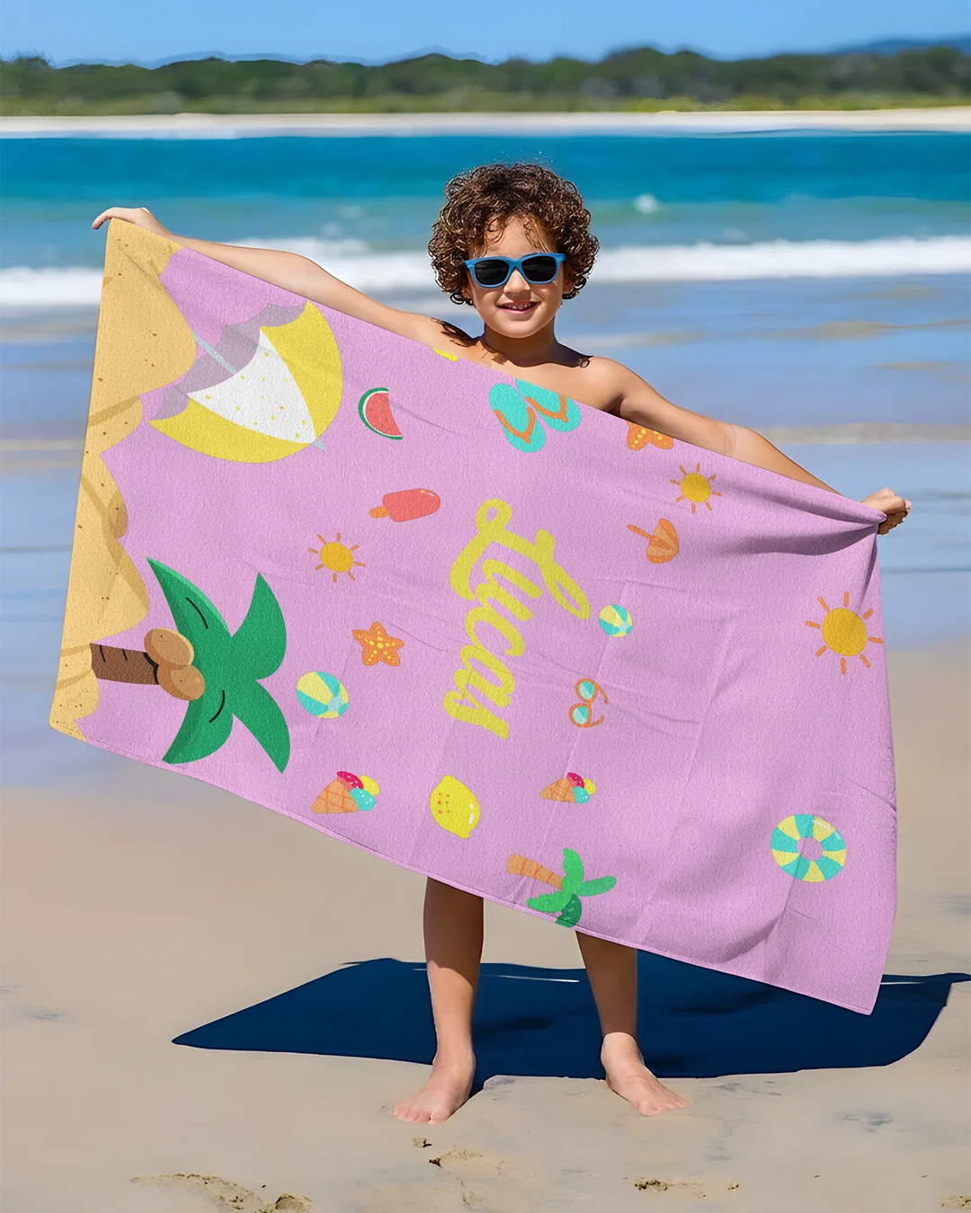 Personalised Fruits Palm Tree Marine Animals Bamboo Beach Towel