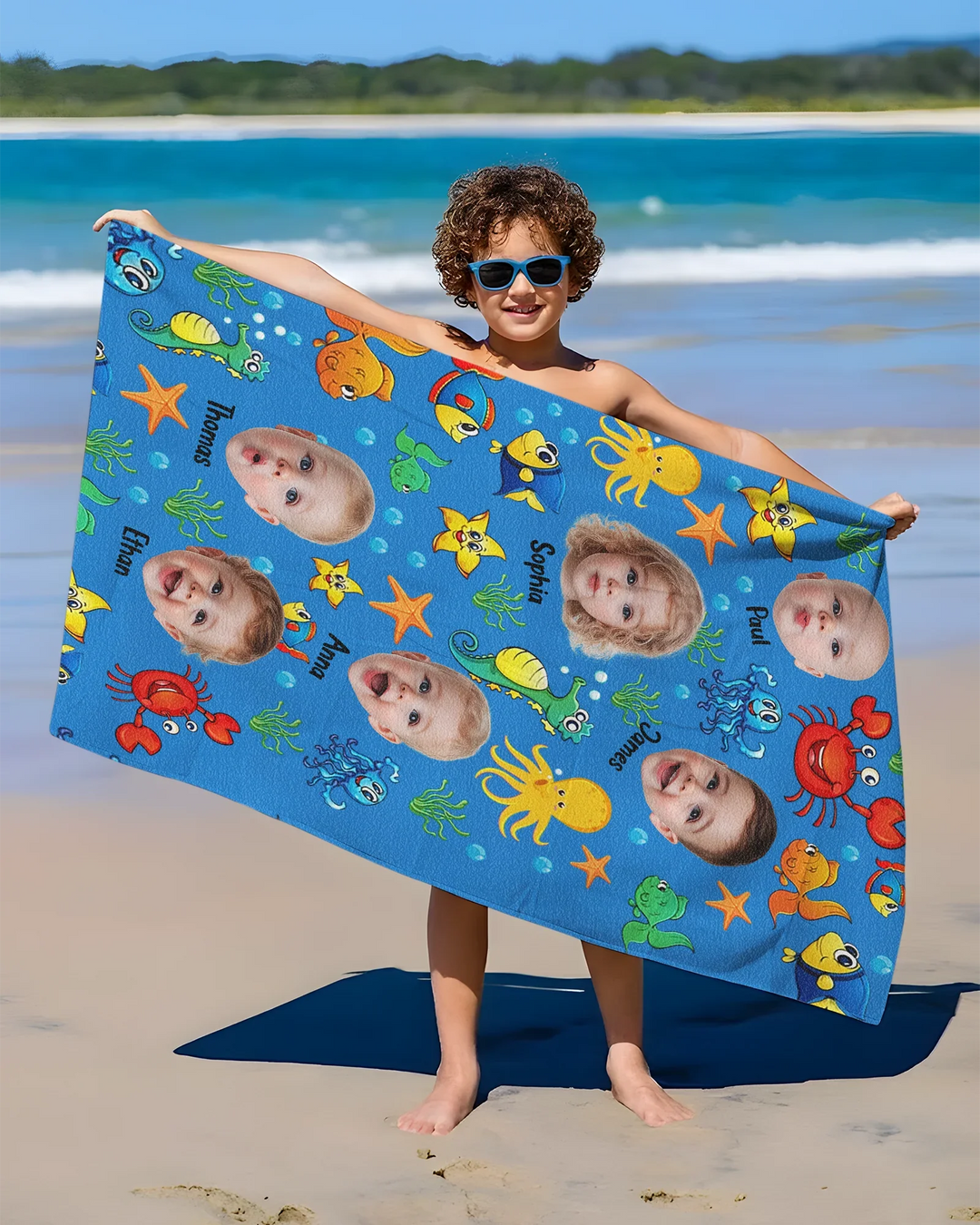 Custom Photo Cute Kid Face Watercolor Sea Creatures Summery Bamboo Beach Towel