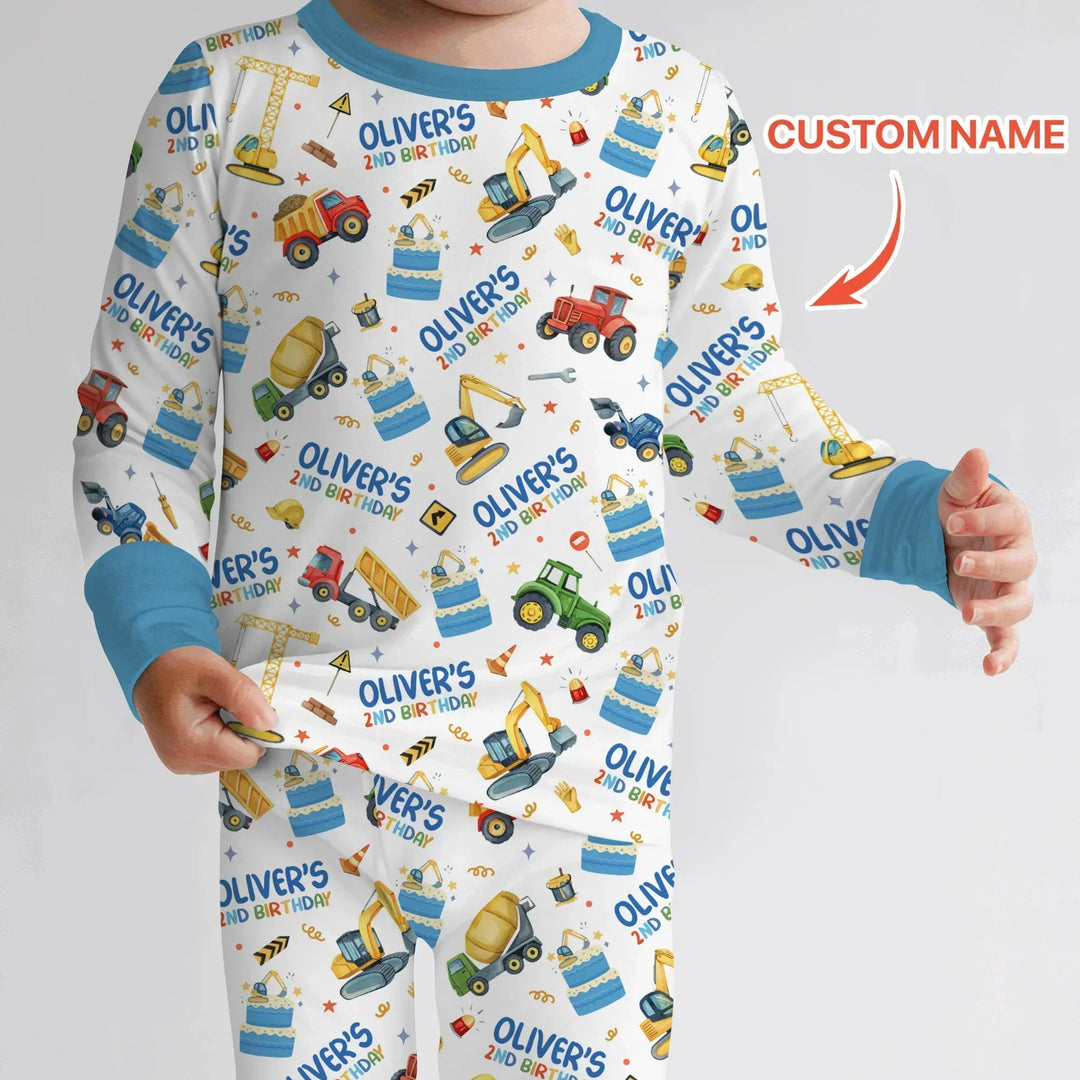 Custom Name Little Builder's Birthday Bamboo Two Piece Long Sleeve Pajama Set
