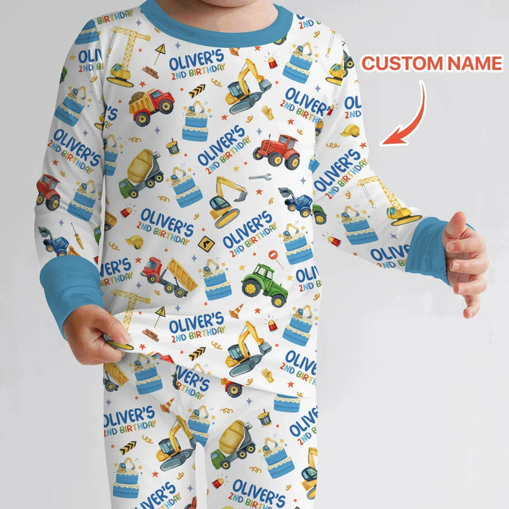 Custom Name Little Builder's Birthday Bamboo Two Piece Long Sleeve Pajama Set
