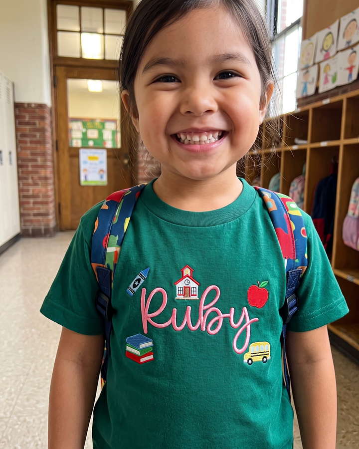 Custom Name School Doodle Embroidered Bamboo Crewneck T-Shirt