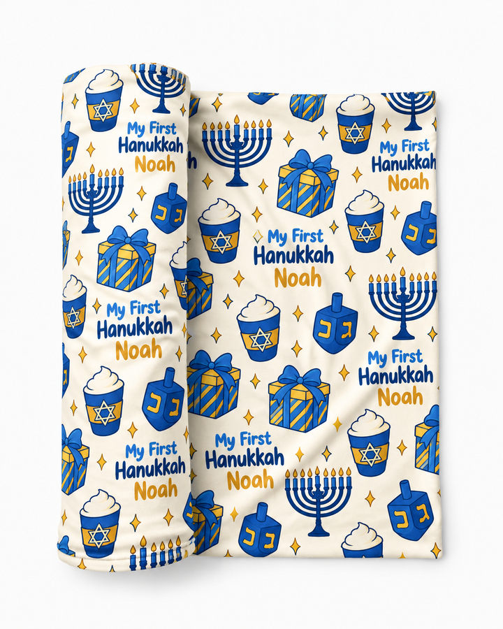 Custom Name Cozy First Hanukkah Bamboo Swaddle Blanket
