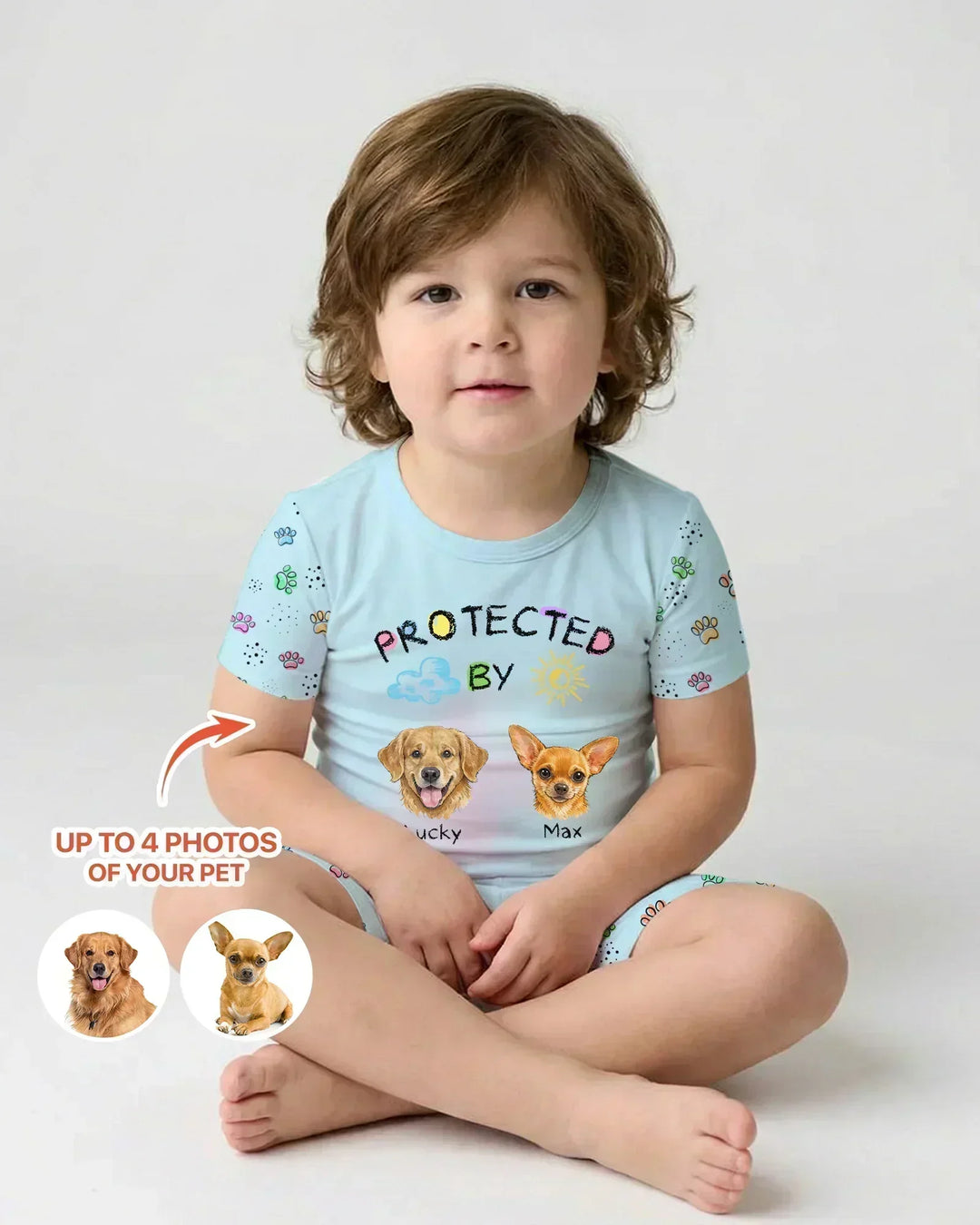 Custom Photo Crayon "Protected By" Bamboo Two Piece Short Sleeve Shorts Pajama Set