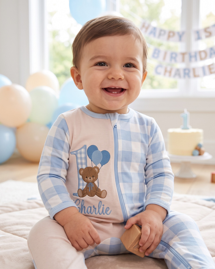 Custom Name Teddy First Birthday Bamboo Zipper Footie