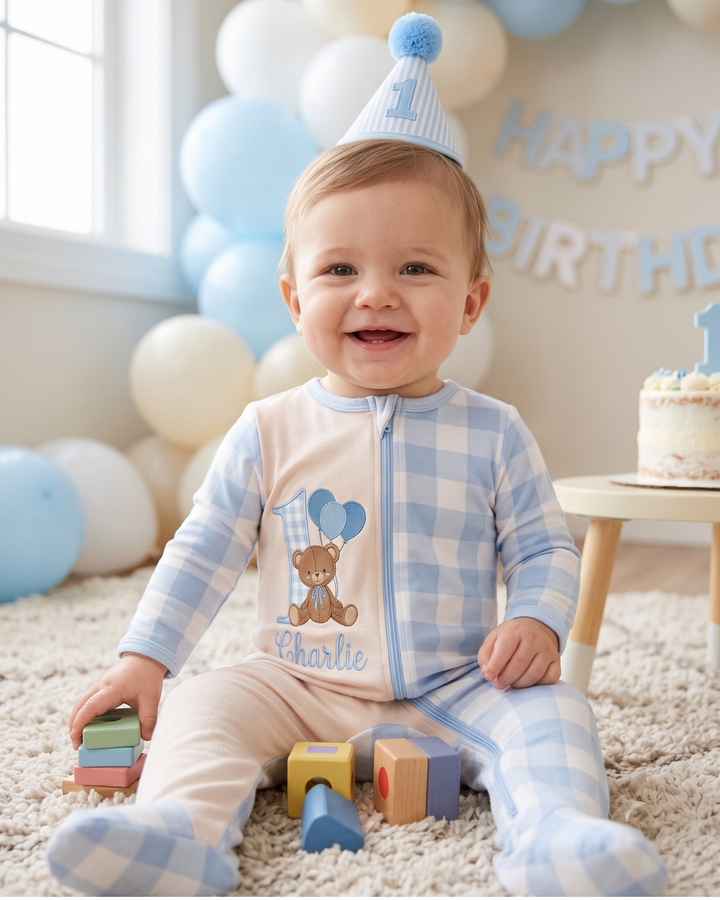 Custom Name Teddy First Birthday Bamboo Zipper Footie