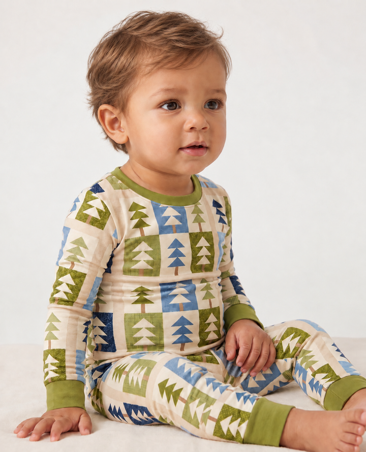 Retro Geometric Christmas Tree Patchwork Seamless Pattern Bamboo Two Piece Long Sleeve Pajama Set