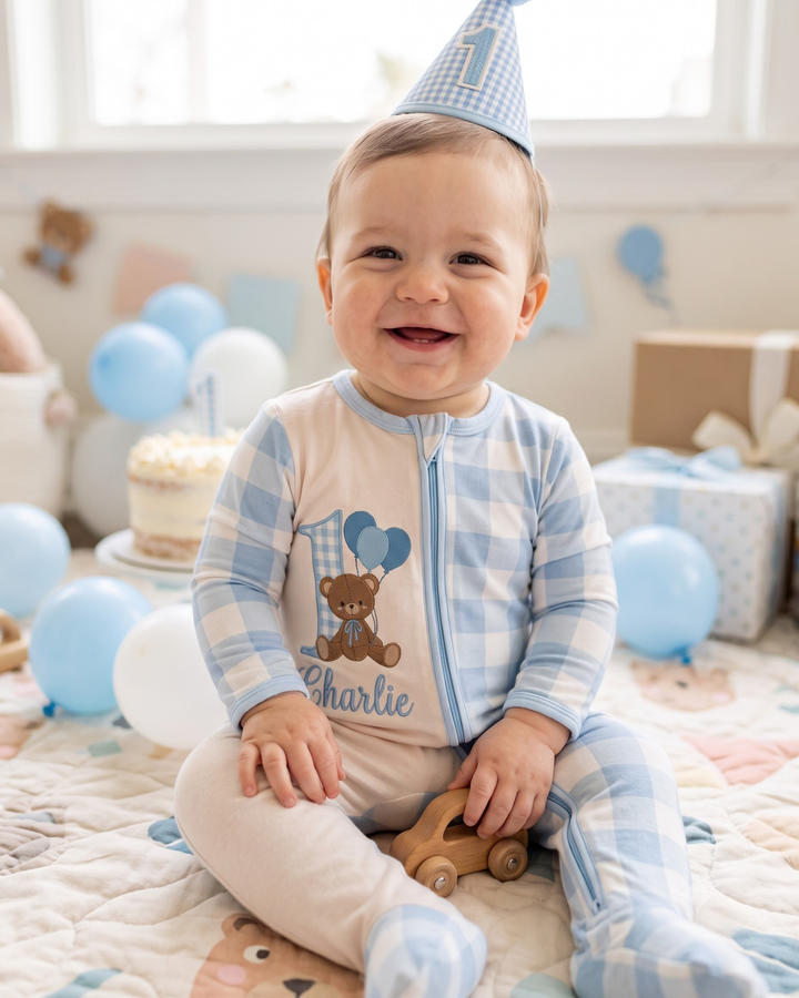 Custom Name Teddy First Birthday Bamboo Zipper Footie
