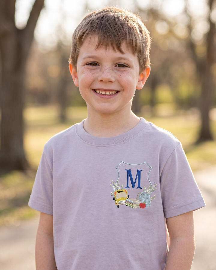 Custom Initial School Crest Embroidered Bamboo Crewneck T-Shirt