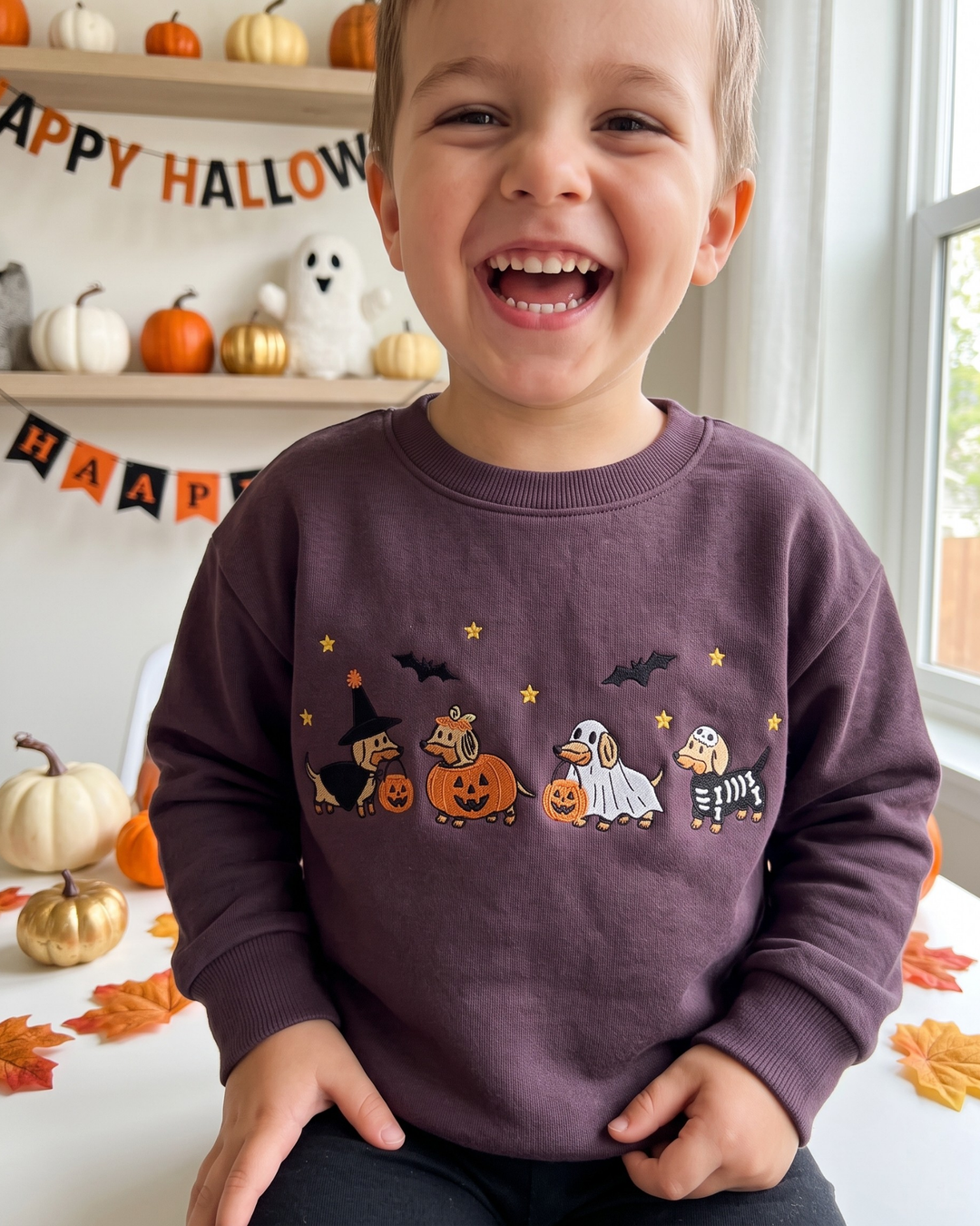 Spooky Dachshund Embroidered Bamboo Crewneck Sweatshirt