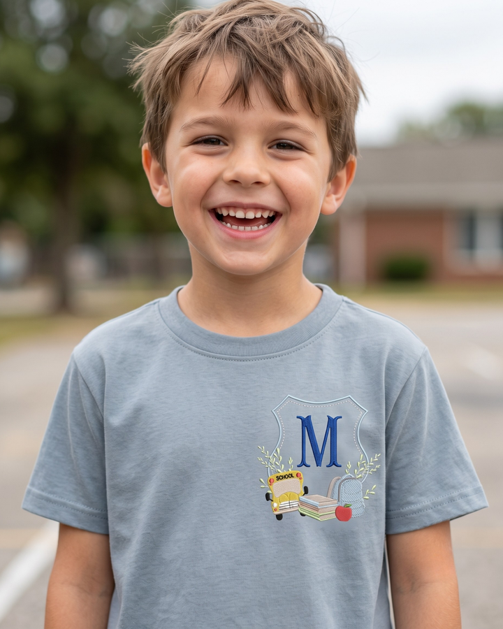 Custom Initial School Crest Embroidered Bamboo Crewneck T-Shirt