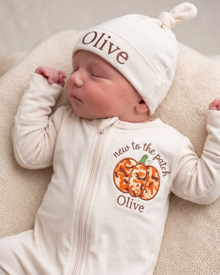 Custom Name New To The Pumpkin Patch Applique Embroidered Bamboo Zipper Footie