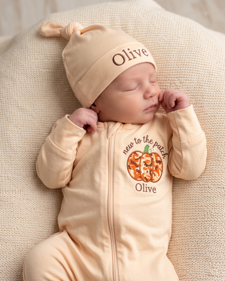 Custom Name New To The Pumpkin Patch Applique Embroidered Bamboo Zipper Footie