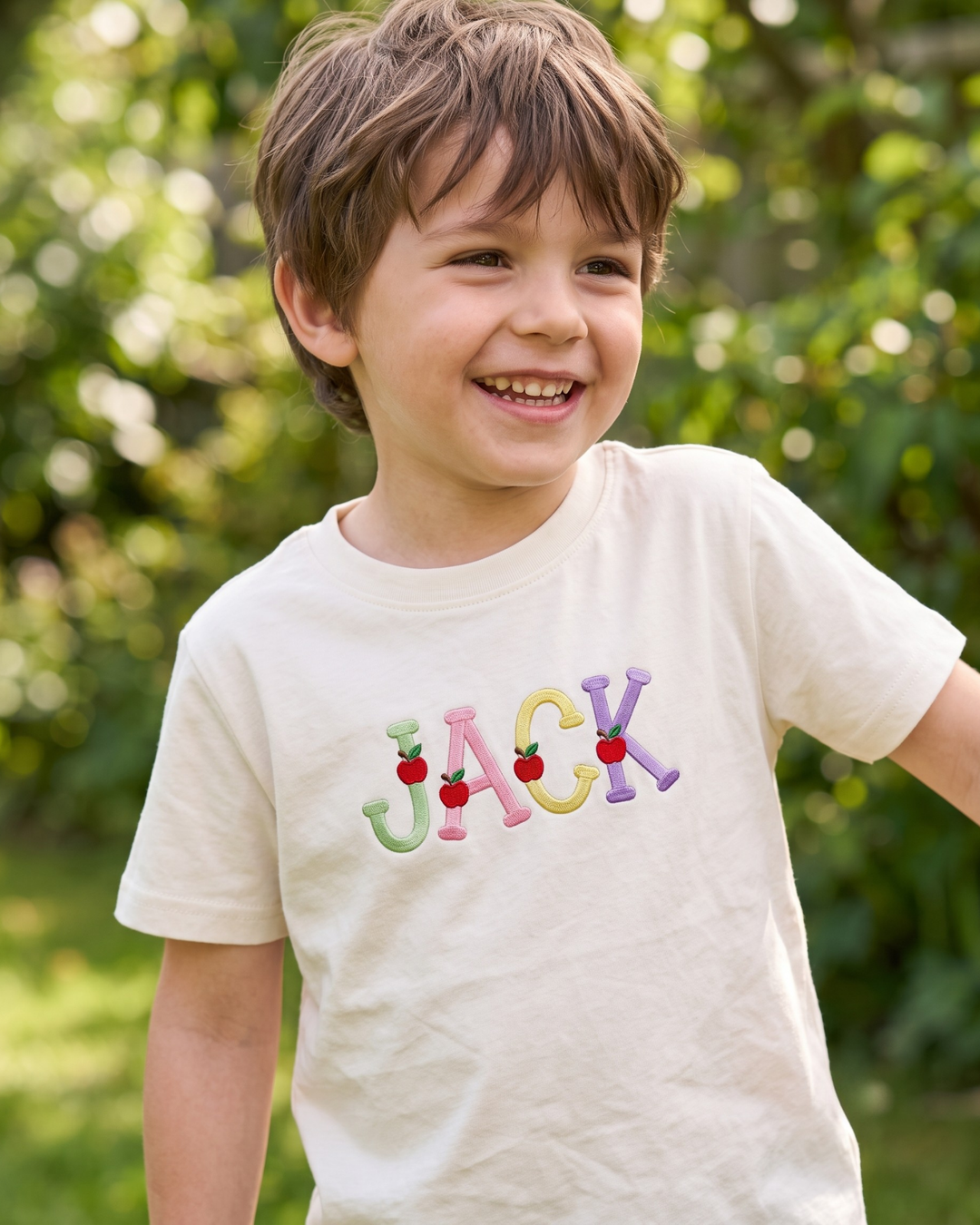 Custom Name Color Apple Alphabet Embroidered Bamboo Crewneck T-Shirt