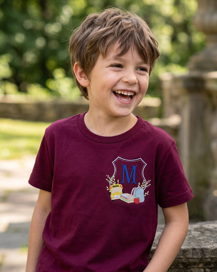 Custom Initial School Crest Embroidered Bamboo Crewneck T-Shirt