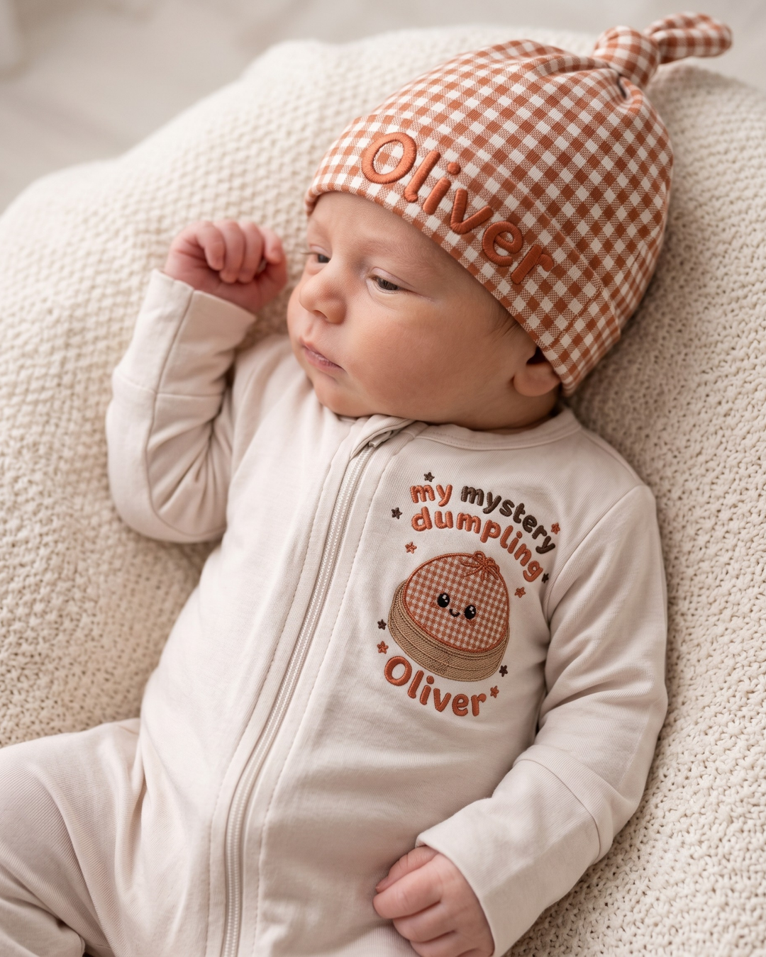 Custom Name My Mystery Dumpling Embroidered Bamboo Zipper Footie