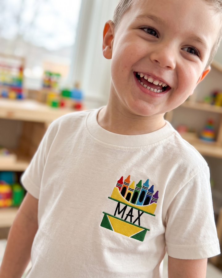 Custom Name Crayon Box Embroidered Bamboo Crewneck T-Shirt