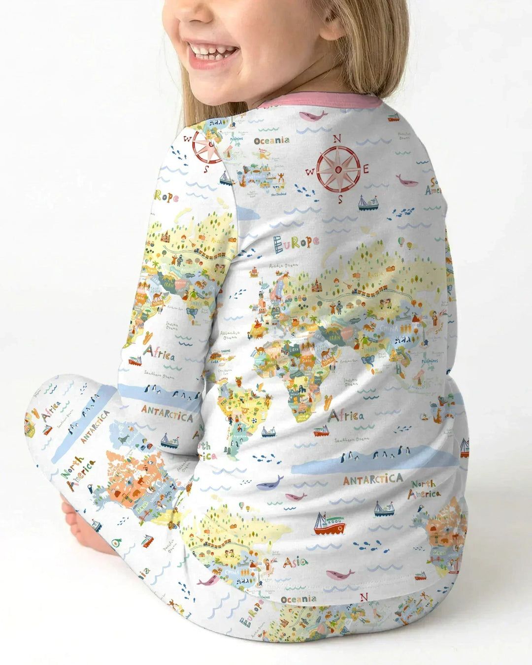 Whimsical World Map Family Matching Bamboo Two Piece Long Sleeve Pajama Set