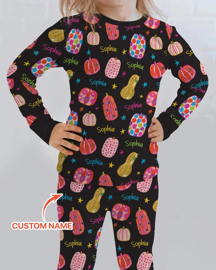 Custom Name Colorful Pumpkin Bamboo Two Piece Long Sleeve Pajama Set