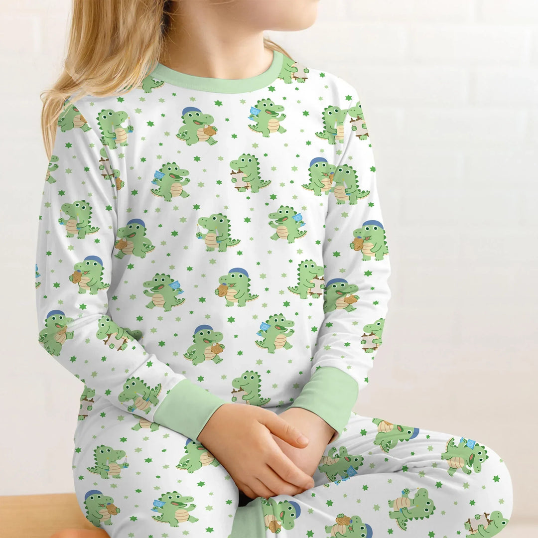 Shabbat Dinosaur Bamboo Two Piece Long Sleeve Pajama Set