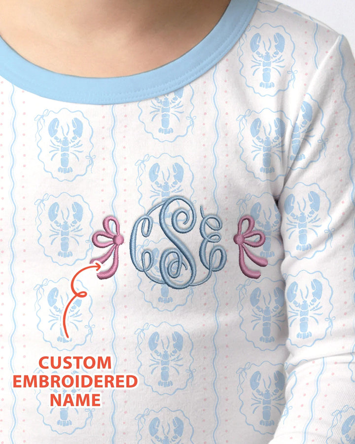 Custom Monogram Letter Embroidered Baby Bamboo Two Piece Long Sleeve Pajama Set