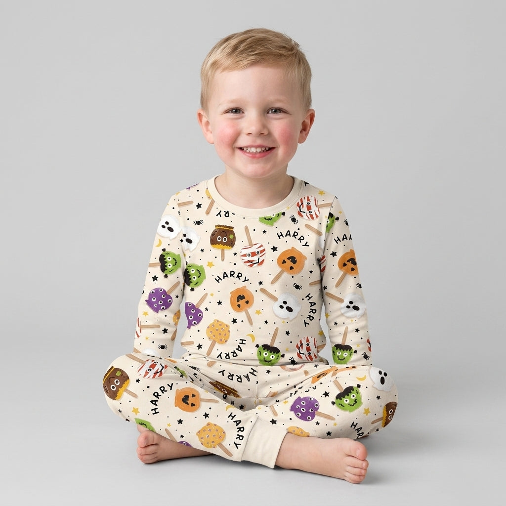 Custom Name Halloween Treats Bamboo Two Piece Long Sleeve Pajama Set