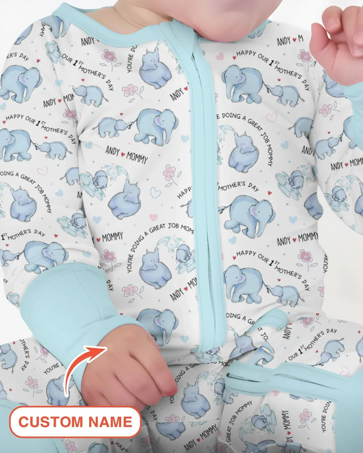 Custom Name Mother & Baby Elephant Bamboo Convertible Zippy